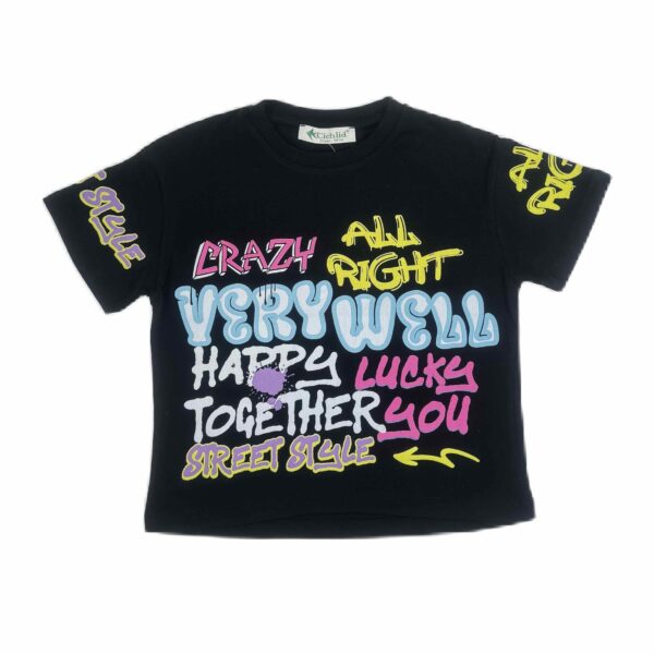 CICHLID Черна тениска с цветни надписи