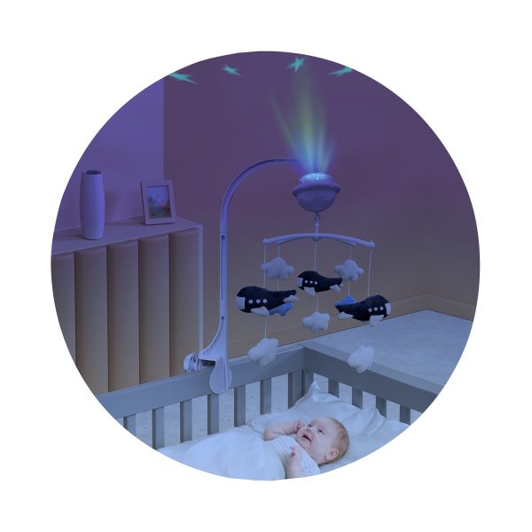 който проектира различни форми и цветове. Всяка плюшена играчка се върти над главичката му и го кара да се заглежда