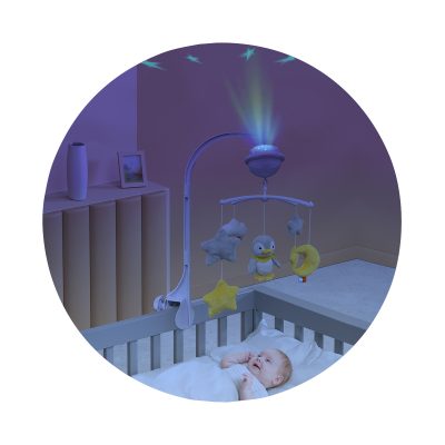 който проектира различни форми и цветове. Всяка плюшена играчка се върти над главичката му и го кара да се заглежда