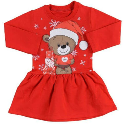Детска коледна рокля с дълъг ръкав в червено с мече Севтекс