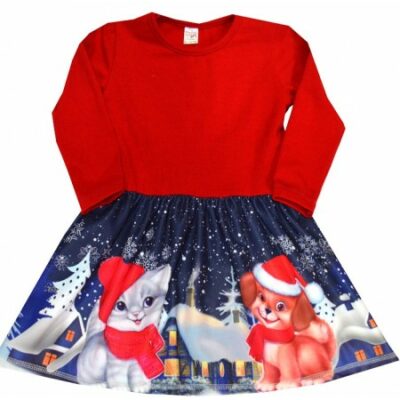 Детска коледна рокля в червено с куче и коте Славейка