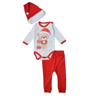 Детски коледен комплект Мече в бяло и червено с шапка Светли