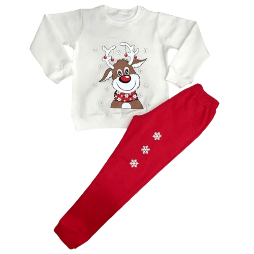 Детски коледен комплект с Еленче Ватиран ЕкрюЧервен Севтекс