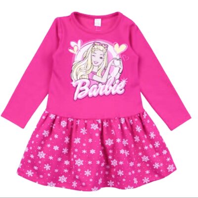Детска коледна рокля с дълъг ръкав в цикламено със снежинки и Барби * Светли