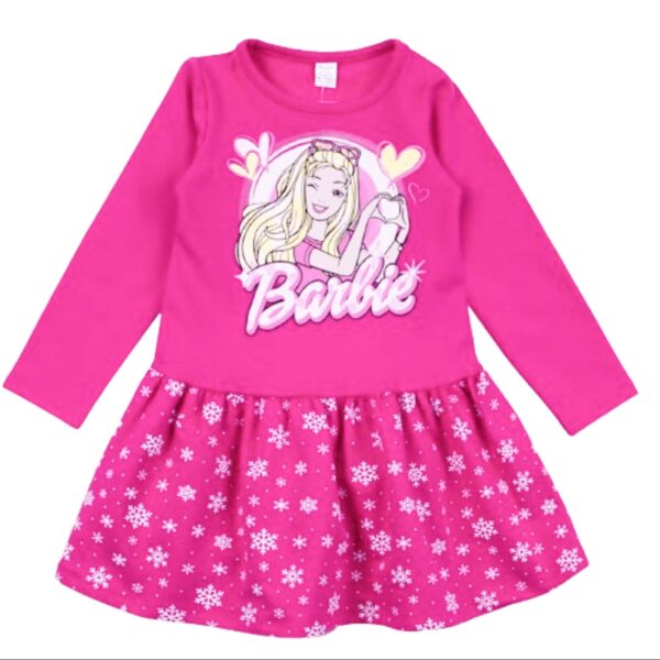 Детска коледна рокля с дълъг ръкав в цикламено със снежинки и Барби * Светли