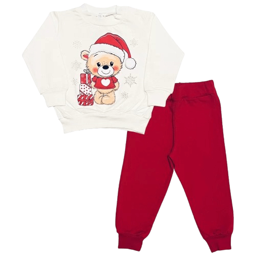 Коледен детски комплект с коледни мотиви с блузка в екрю и панталонки в червено Светли