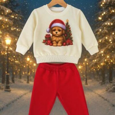 Коледен детски комплект в червено и бяло с кученце