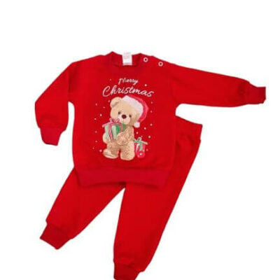 Коледен комплект от блуза и панталон в червено с Мече