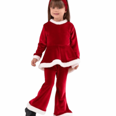 Коледен комплект с дълъг ръкав в червено с диадема за момиче