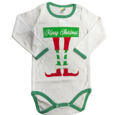 Коледно бебешко боди с дълъг ръкав с надпис Merry Chtistmas в бяло и зелено Rach
