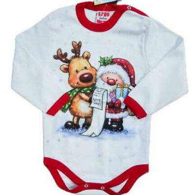 Коледно боди Дядо Коледа и еленче бяло Бейб