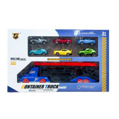 Комплект играчка камион-автовоз с 6 малки състезателни колички