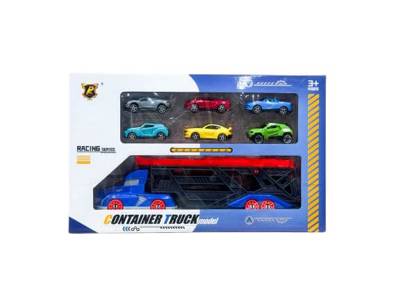 Комплект играчка камион-автовоз с 6 малки състезателни колички