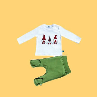 Комплект за бебе от 2 части зелени ританки и бяла блуза с дълъг ръкав с коледна картинка Rach