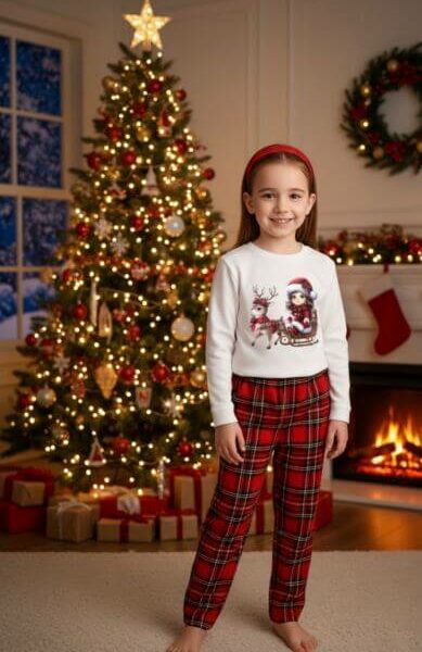 Детска коледна пижама в червено каре с еленче